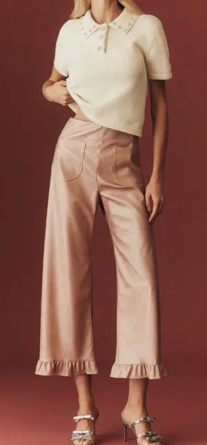 Anthropologie Maeve The Colette Metallic Ruffle-Hem Faux Leather Pants, Size 27 Tall thumbnail 1