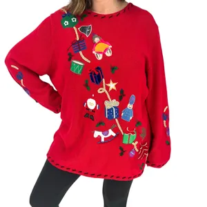 Vintage Red Christmas Sweater Embroidered Santa Toys Gifts Holiday Pullover thumbnail 1