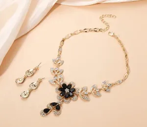 Black Crystal Flower Women Earring Necklace Jewelry Sets Luxury Gold Color thumbnail 5