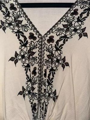 Max Studio Cream Short-Sleeve Tie-Front Blouse with Black Floral Embroidery thumbnail 2