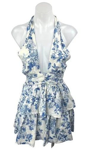 Olivaceous White Linen Floral Sleeveless Cami Halter Mini Fit & Flare Dress Sz L thumbnail 1