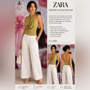 ZARA Olive Green Draped Halter Top with White Wide-Leg Pants thumbnail 2