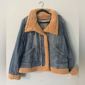 Free People Rylee Denim Jacket Faux Shearling Lined – Med Wash – Size Large NWT thumbnail 10