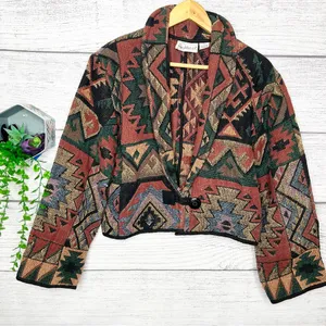 Vintage Flashback Southwestern Pattern Cropped Tapestry Jacket Size Medium Green thumbnail 1