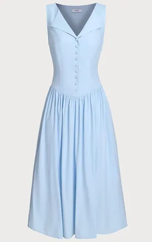 Rihoas Blue V Neck Button Sleeveless Midi Dress thumbnail 5