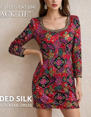 Oleg Cassini Black Tie Vintage Red Paisley beaded sequin Dress SILK AMAZING SZ 6 thumbnail 1