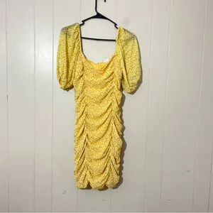 All In Favor Sasha Floral Ruched Mini Dress Yellow Puff Sleeve L NWT thumbnail 3
