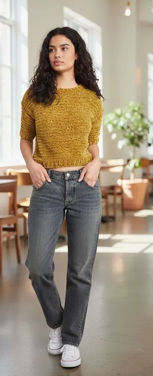 Open Edit Gold Olive Green Cropped Sweater Short Sleeve Knit Top S. NWT Textured thumbnail 1