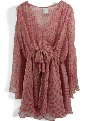 MISA Mini Dress Womens L Anita Pink Geometric Tie Waist V-Neck Bell Sleeve EUC thumbnail 1