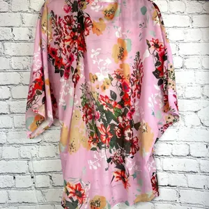 Women's Batwing Floral Chiffon Kimono Beachwear Cover Up Pink L thumbnail 11