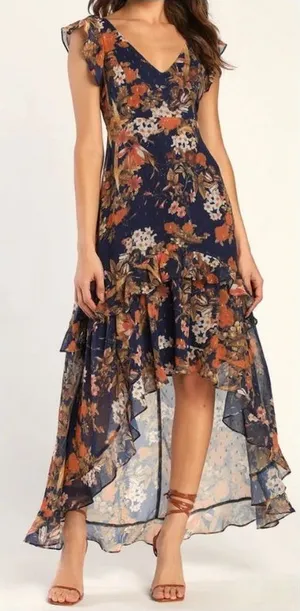 NWOT Lulus Stunning Favorite Navy Blue Floral Ruffled High-Low Maxi Dress thumbnail 1