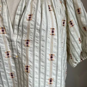 LOFT Clip Stripe Peasant Blouse M Puff Sleeve Boho Textured Feminine Top‎ thumbnail 4