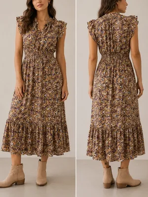 Anthropologie Othilia Aleksia Floral Boho Mustard Purple Ruffle Cottagecore Maxi Dress thumbnail 2