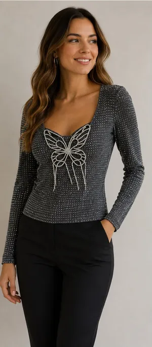 Pastel Rhinestone Butterfly Glitter Long Sleeve Evening Top size L thumbnail 1