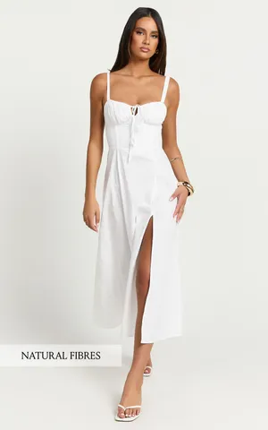 New Showpo MAIYA Midi Dress Tie Front Fitted Bodice Dress In White Size 4 thumbnail 2