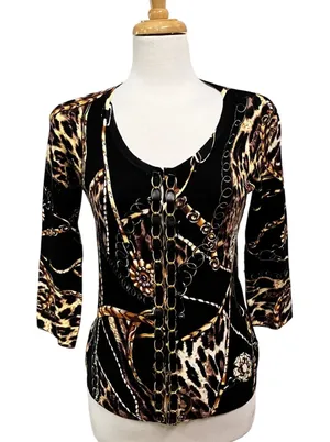 Boston Proper Cardigan Sz S Leopard Animal Chain‎ Classy Maximalist Careerwear thumbnail 1