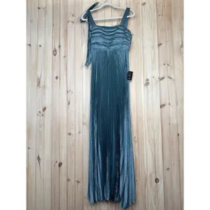 NWT Lulus Blue Gorgeous Purpose Slate Satin Pleated Sleeveless Bow Maxi Dress S thumbnail 2