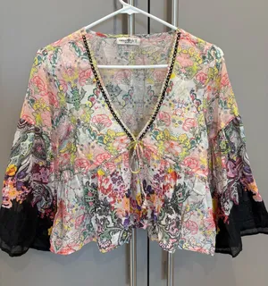 Natural Life Boho Floral Paisley Bell Sleeve Cotton Top -S thumbnail 1