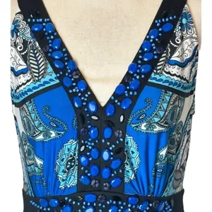 Eci New York Dress Womens 6 Blue And Black Paisley‎ Beaded V Neck Tie Back Maxi thumbnail 5