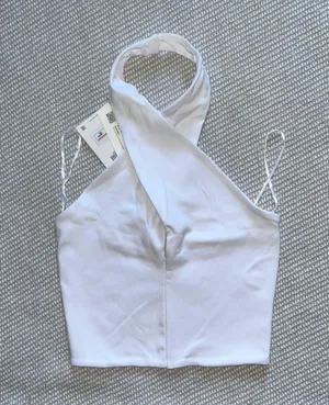 Zara White V Neck Cotton Cropped Halter Top Sz M thumbnail 1