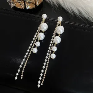 Elegant White Pearl Long Dangle Drop Earrings for Women thumbnail 3