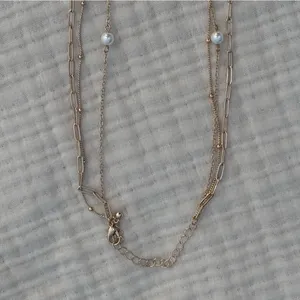 Gold-Tone Multi-Layer Stacked Chain Necklace With Faux Pearls & Heart Charms thumbnail 3