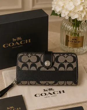 Coach Signature Jacquard‎ Slim Envelope Wallet Black Gray Leather Trim OS thumbnail 1