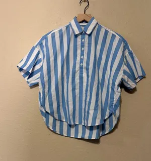 LOFT Blue Striped Short-Sleeve Button Front Top Size XXS Petite thumbnail 1