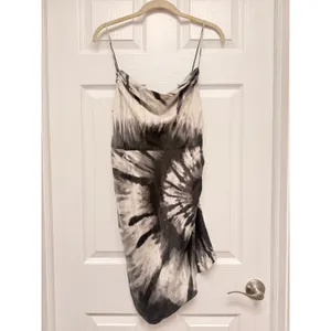 Retrofete Auris 100% Silk Tie Dye Asymmetrical Mini Dress Black White Large thumbnail 3