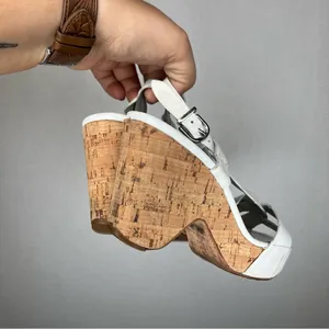 JILDOR | Size 6.5 Strappy White‎ and Brown Cork Wedge Heels thumbnail 6