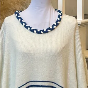 060- Wildfox Frida Traveler Fringe Oversized Blue White Sweater Poncho Size Smal thumbnail 4