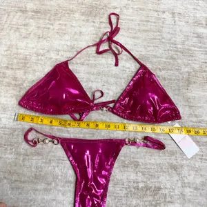 New Fashion Women’s Large Hot Pink Metallic Bikini Swimsuit Thong Rave Festival thumbnail 5