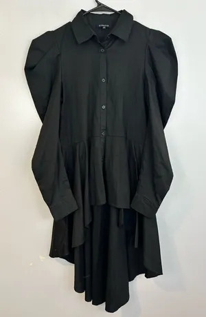 CQbyCQ Black High Low Button Down Avante Garde Puff Shoulder Shirt Dress Small thumbnail 1