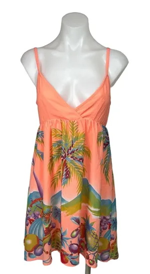 H&M Neon Orange Fruit Tropical Spaghetti V-Neck Sleeveless Mini Sundress Size 6 thumbnail 1