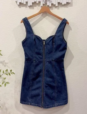 Honey Punch Vintange Blue Wash Cotton Denim Zip Mini Dress Size M Preowned thumbnail 2