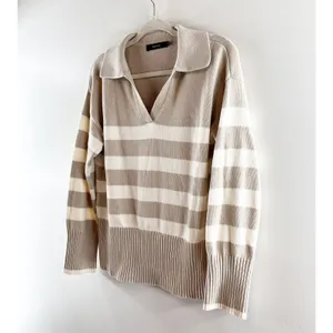 Zesica Long Sleeve V Neck Striped Polo Pullover Sweater Tan White Small thumbnail 6