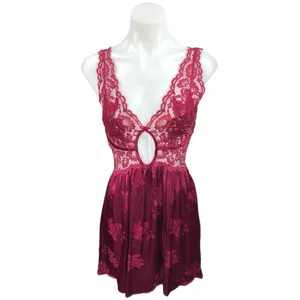 For Love & Lemons Red Floral Lace Silk Satin Sleeveless Mini Slip Dress Sz L thumbnail 6