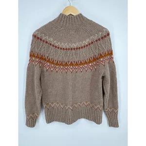 Artelier Nicole Miller Fair Isle Mock Neck Sweater Medium Brown Nordic Yoke Knit thumbnail 6