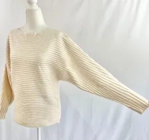 New Lush Lurex Ribbed Boat Neck Sweater Off The Shoulder Long Sleeve Cream Gold thumbnail 6