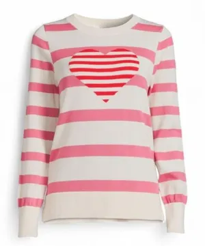 Pink Cream Striped Crewneck Knot Sweater Heart Lightweight Pullover Womens XL thumbnail 1