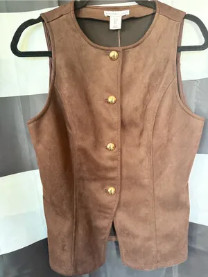 Sincerly Jules Brown Suede Sleeveless Vest with Gold Buttons thumbnail 1