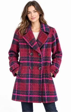 Sam Edelman Women’s S Plaid Double Breasted Boucle Coat Pink Burgundy Navy thumbnail 1