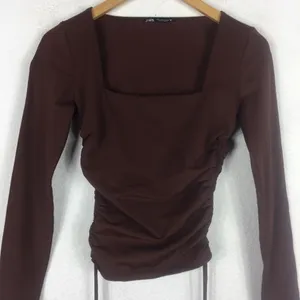 ZARA Brown Square Neck Ruched Stretch Jersey Top With Side Gathering Large thumbnail 9