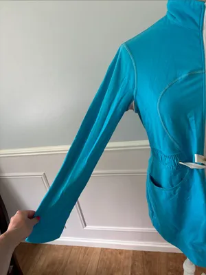 Lululemon Yohari Zip Front Jacket 10 Blue Mock Neck Tie Waist Sweatshirt Top thumbnail 3