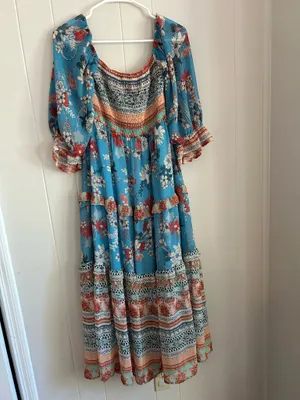 Blue Floral Smocked Tiered Midi Dress thumbnail 3