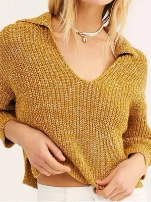 Free People Women’s Love This City Sweater V-Neck Longsleeve Boho in Mustard L thumbnail 1