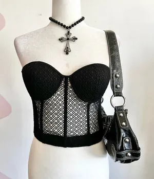 Black Mesh Corset Top, Y2K Grunge Gothic Coquette Indie‎ Sleaze Small thumbnail 1