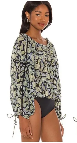 Intimately Free People Sundown Boho Blue Green Paisley Print Bodysuit Blouse S thumbnail 1