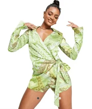 ASOS DESIGN -1014 heavy‎ satin wrap knot front romper green paisley size 4 thumbnail 1