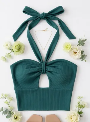 Le Lis Halter Ribbed Crop Top in Deep Teal Green thumbnail 1